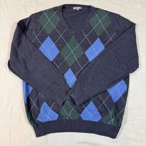 Gap Argyle V-Neck Sweater Mens XL Grey Blue Green Knit Pullover